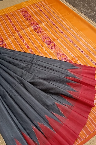 Black & Orange Handwoven Saree by Chatrubhuja Das (Junior)