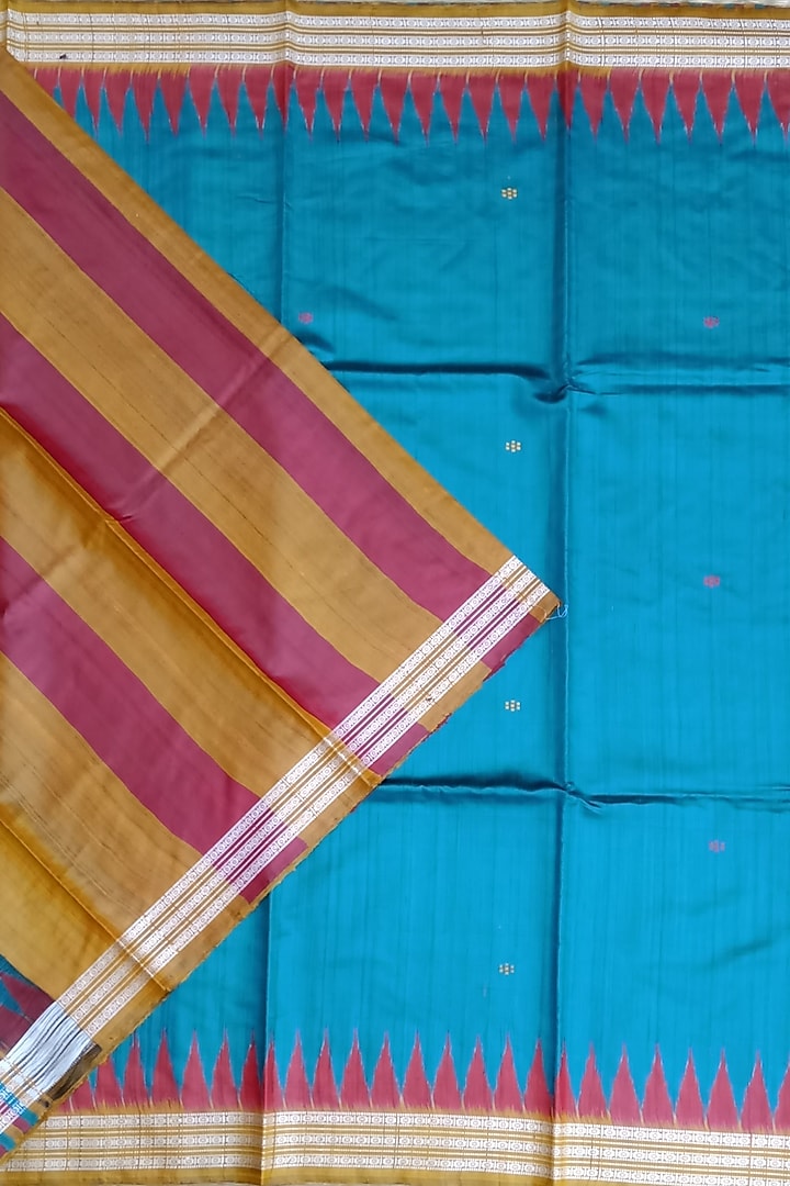 Turquoise & Red Handwoven Saree by Chatrubhuja Das (Junior)