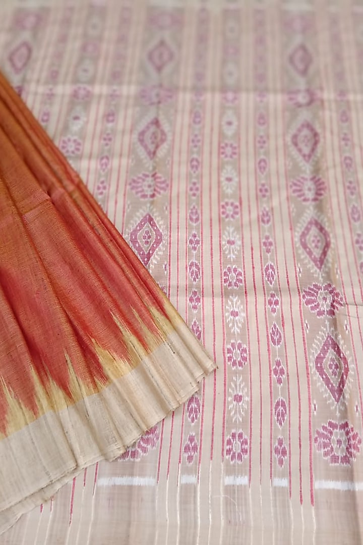 Peach & Beige Tie & Dye Handwoven Saree by Chatrubhuja Das (Junior)