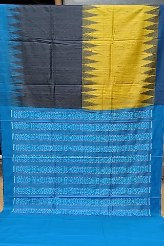 Yellow & Blue Handwoven Saree by Chatrubhuja Das (Junior)