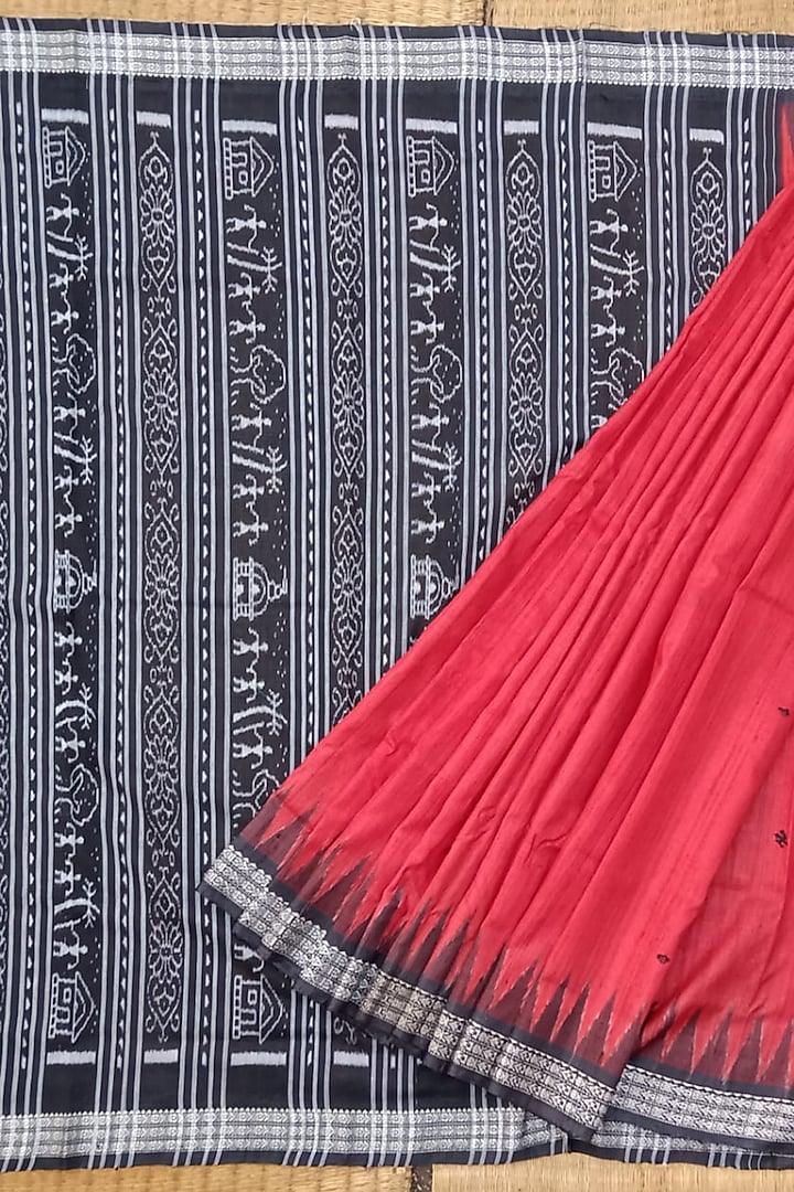 Red & Black Handwoven Saree by Chatrubhuja Das (Junior)