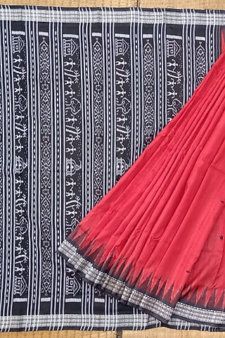 Red & Black Handwoven Saree by Chatrubhuja Das (Junior)