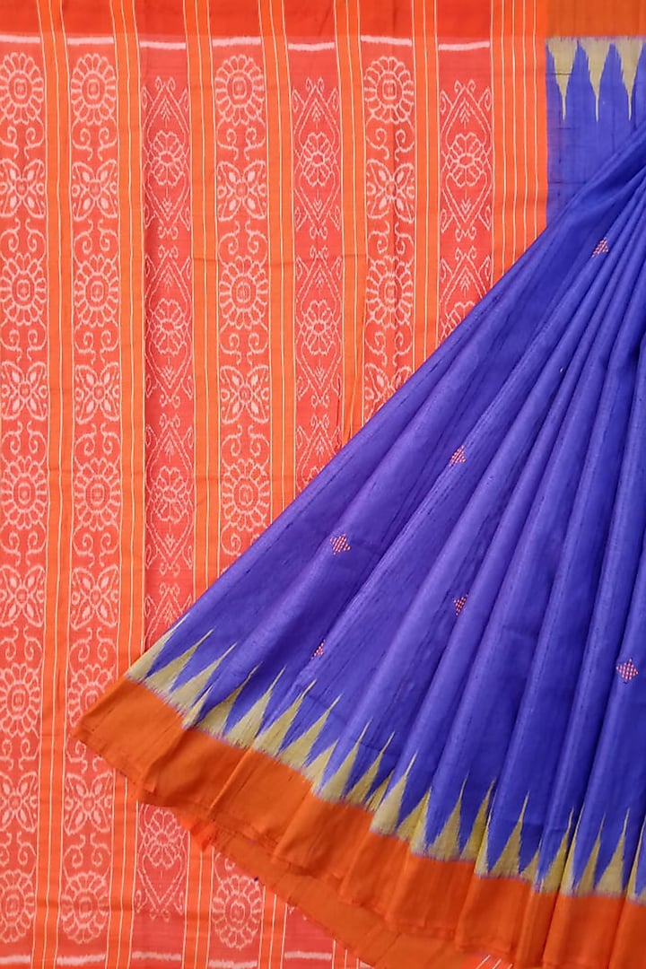 Blue & Orange Handwoven Saree by Chatrubhuja Das (Junior)
