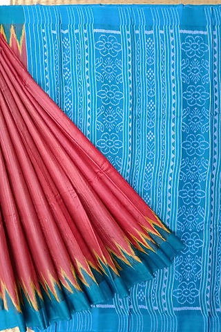 Peach & Sky Blue Handwoven Saree by Chatrubhuja Das (Junior)