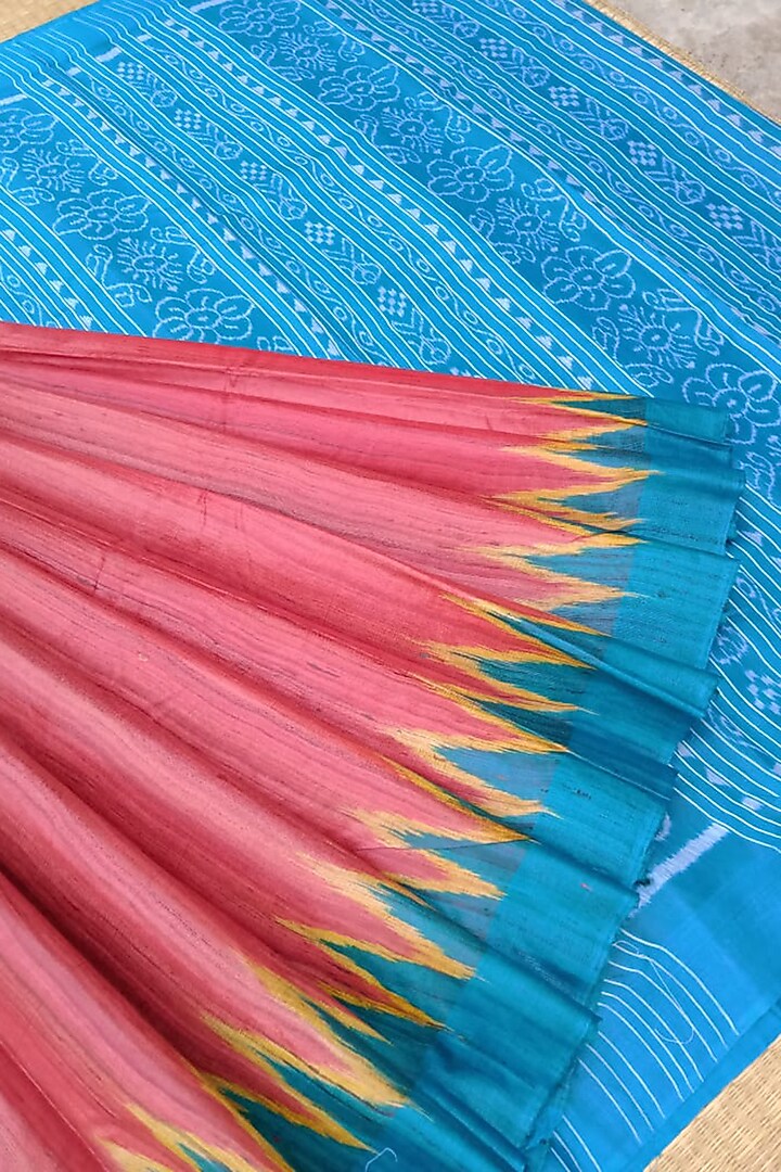 Peach & Sky Blue Handwoven Saree by Chatrubhuja Das (Junior) at Pernia's Pop Up Shop