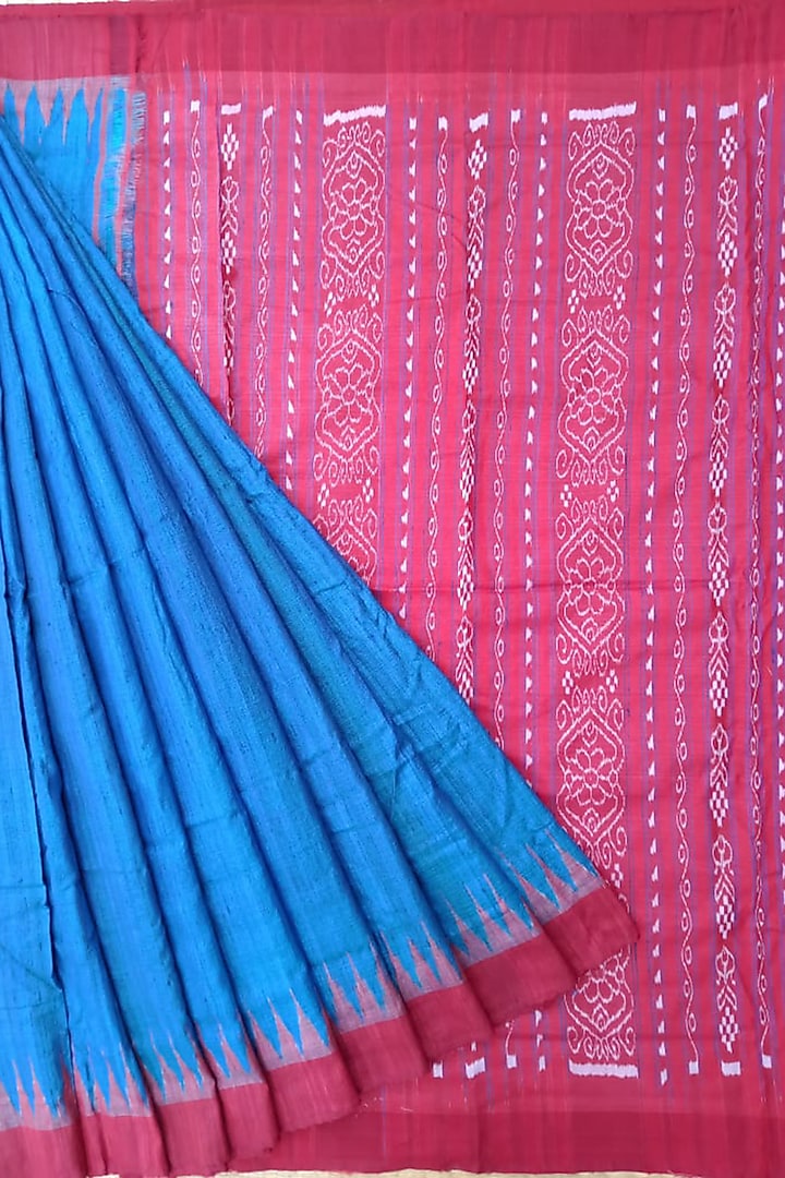 Turquoise & Red Handwoven Saree by Chatrubhuja Das (Junior)