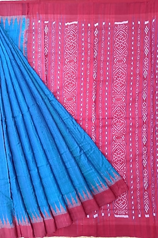 Turquoise & Red Handwoven Saree by Chatrubhuja Das (Junior)