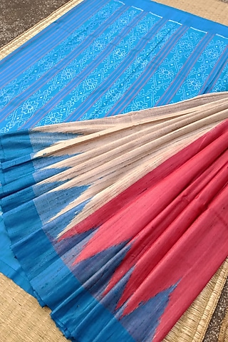Red & Blue Handwoven Saree by Chatrubhuja Das (Junior)
