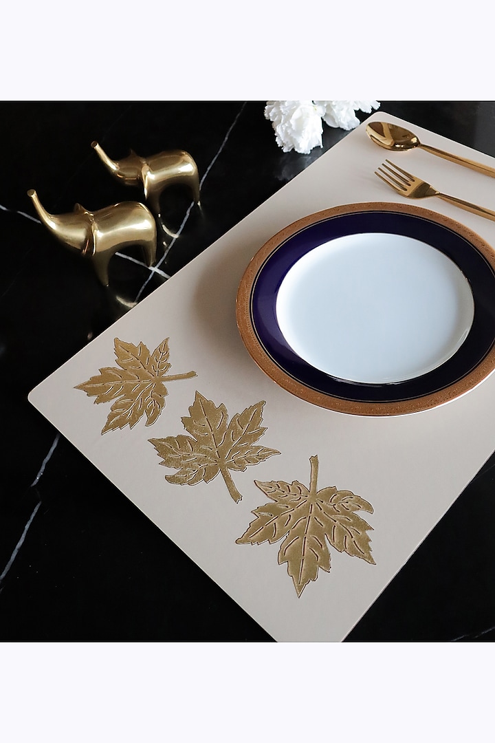White Faux Leather & Wooden Floral Printed Table Mats (Set of 6) by Chrysante By Gunjan Gupta