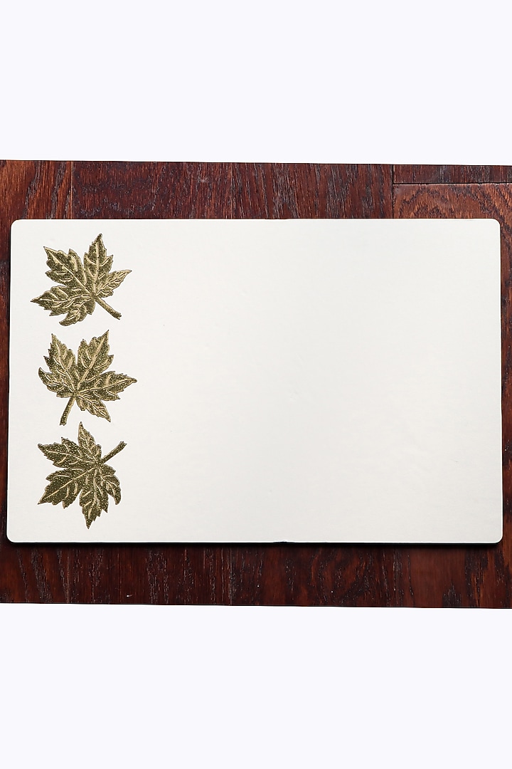 White Faux Leather & Wooden Floral Printed Table Mats (Set of 6) by Chrysante By Gunjan Gupta at Pernia's Pop Up Shop