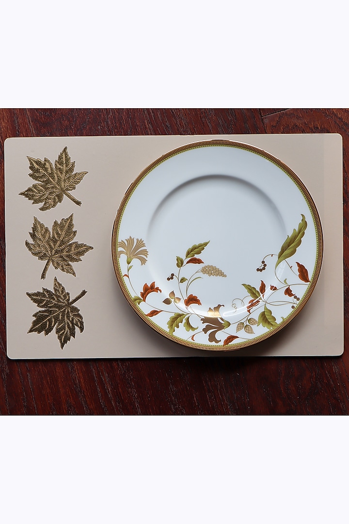 White Faux Leather & Wooden Floral Printed Table Mats (Set of 6) by Chrysante By Gunjan Gupta at Pernia's Pop Up Shop