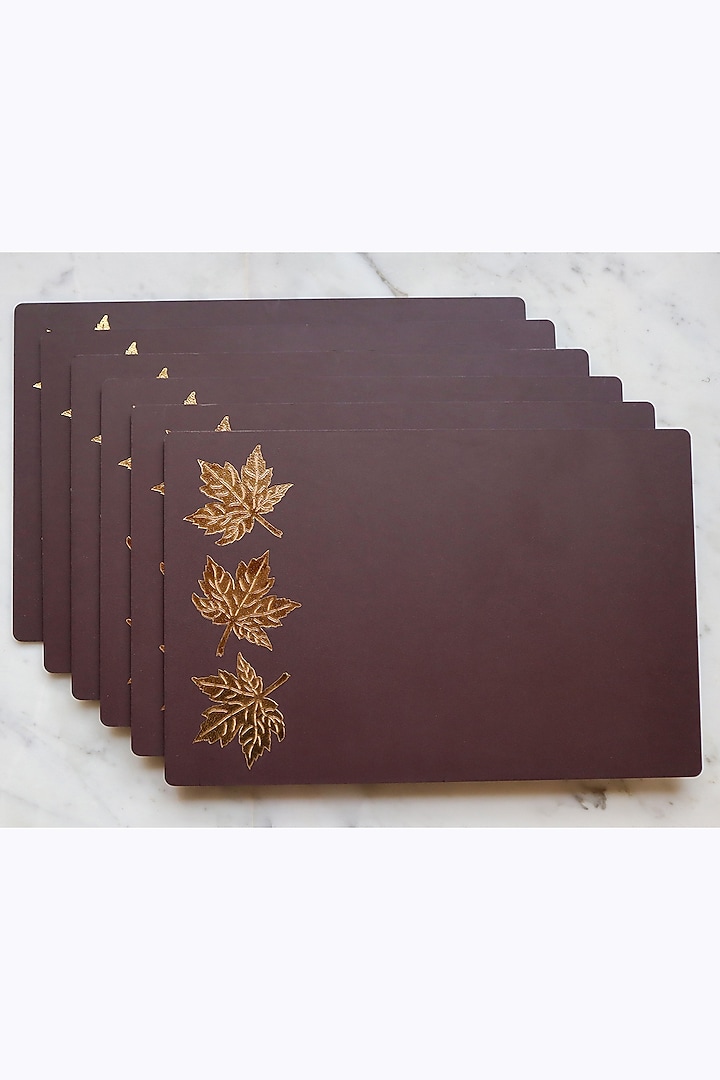 Brown Faux Leather & Wooden Floral Printed Table Mats (Set of 6) by Chrysante By Gunjan Gupta