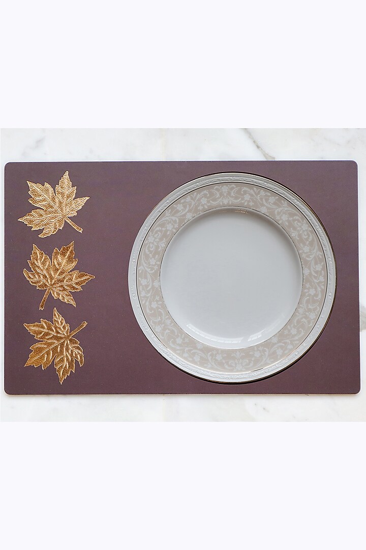 Brown Faux Leather & Wooden Floral Printed Table Mats (Set of 6) by Chrysante By Gunjan Gupta at Pernia's Pop Up Shop