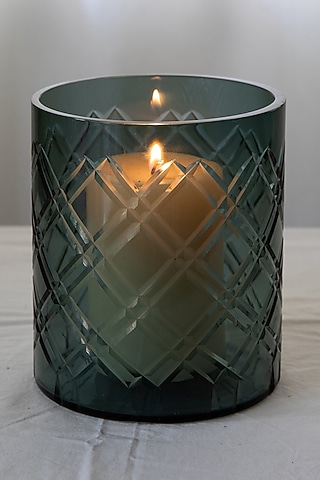 Midnight Blue Glass Geometric Printed Candle Holder by Chrysante By Gunjan Gupta