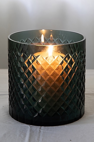 Midnight Blue Glass Geometric Printed Candle Holder by Chrysante By Gunjan Gupta