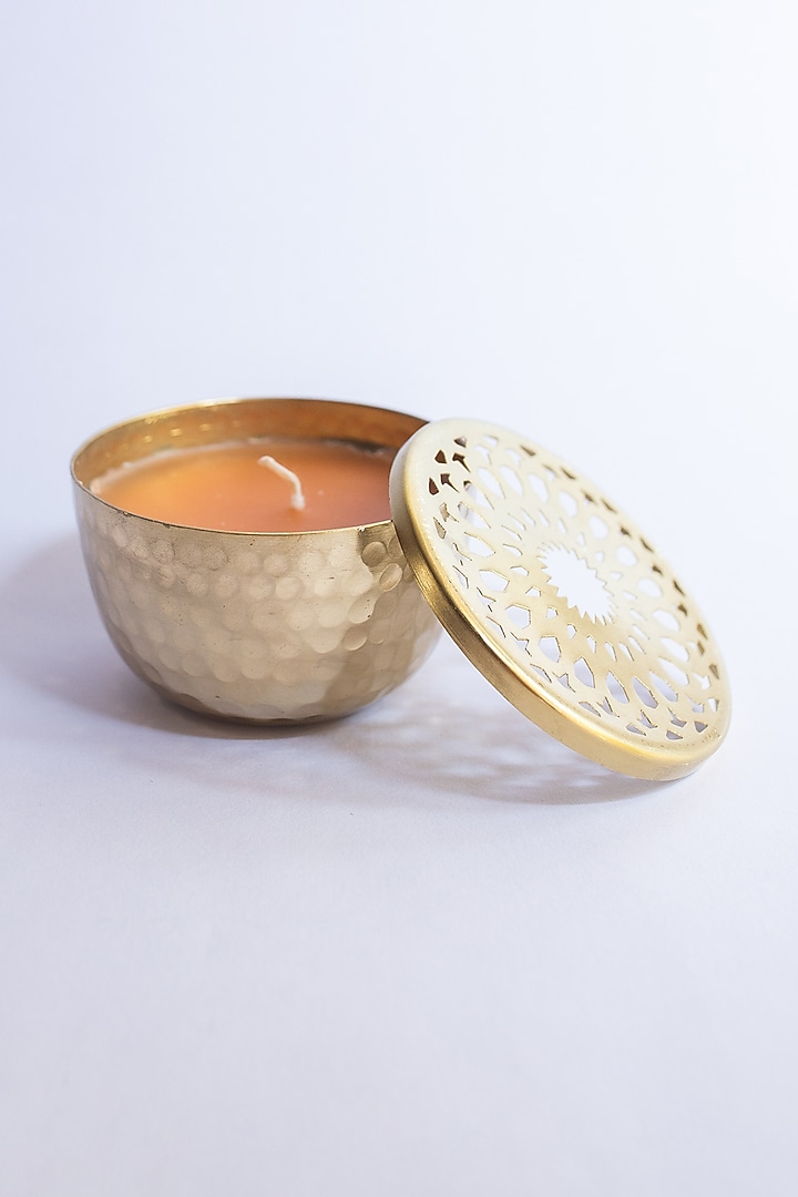 Gold Metal Candle With Jasmine Scented Wax by Chrysante By Gunjan Gupta at Pernia's Pop Up Shop