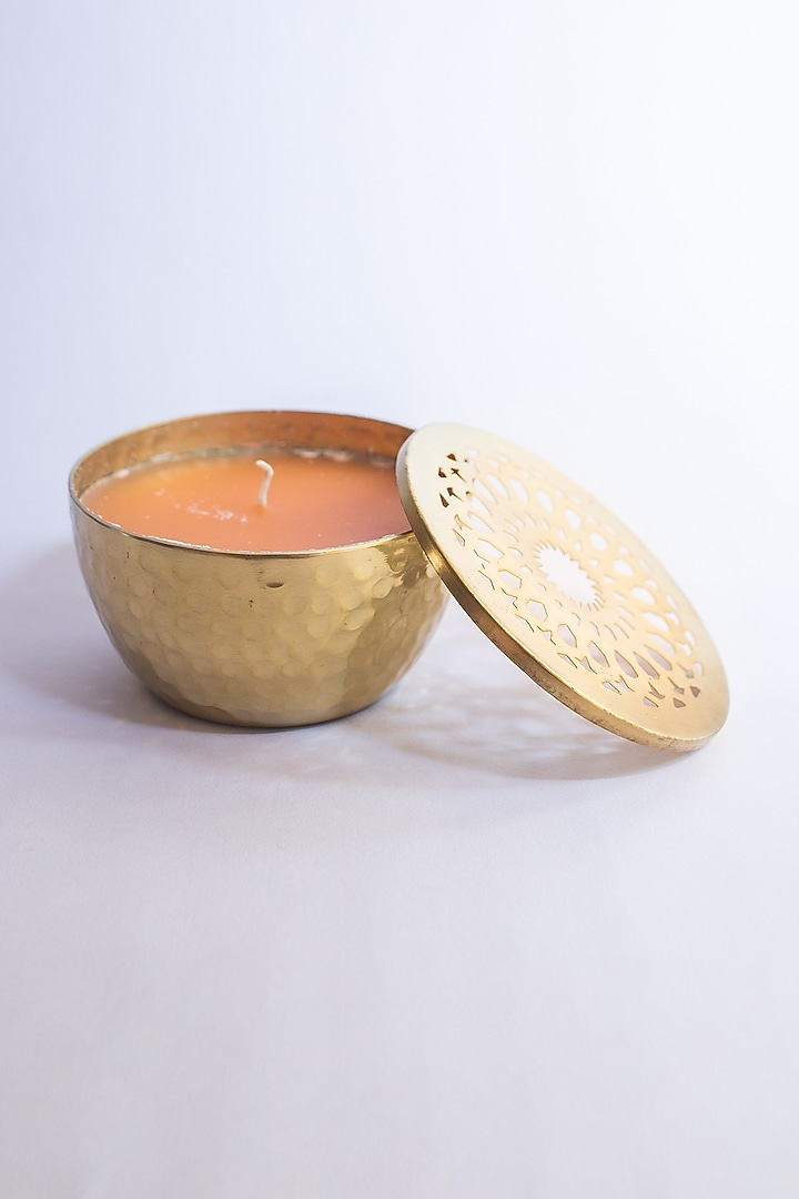 Gold Metal Candle With Jasmine Scented Wax by Chrysante By Gunjan Gupta at Pernia's Pop Up Shop