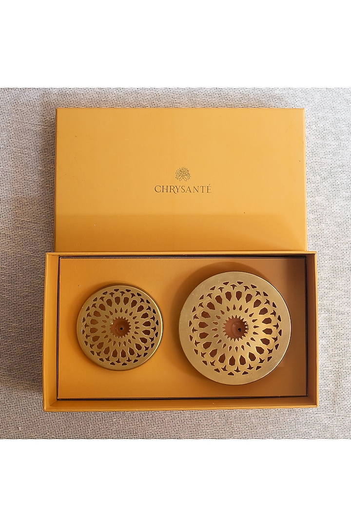 Gold Metal Candles With Jasmine Scented Wax (Set of 2) by Chrysante By Gunjan Gupta at Pernia's Pop Up Shop