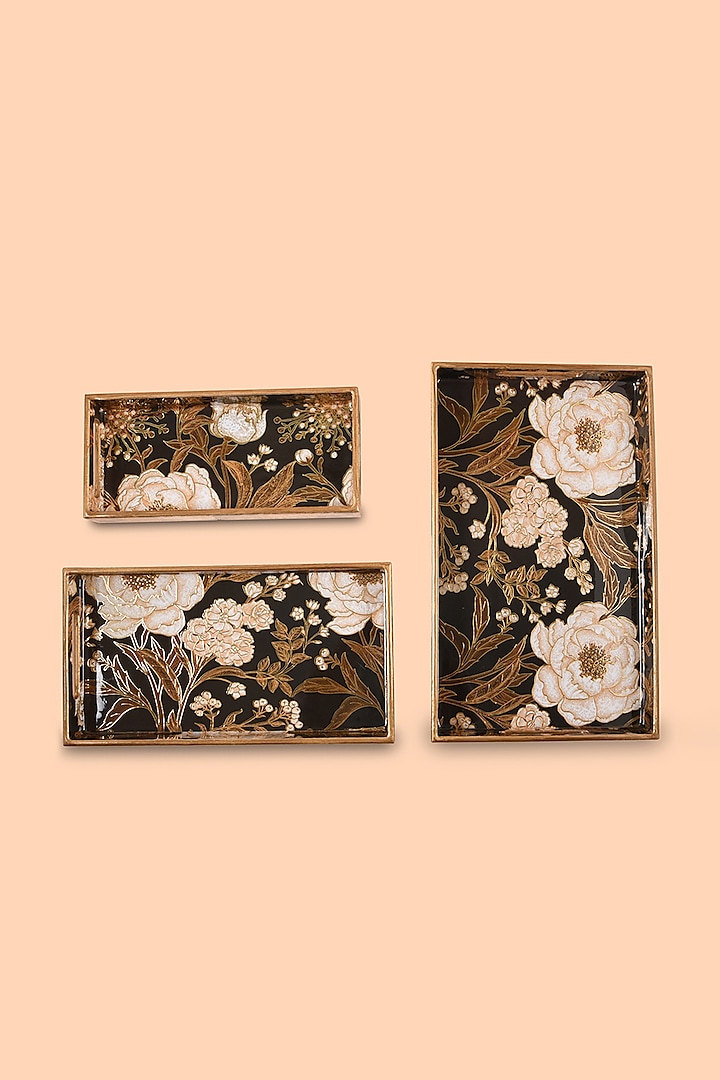 Black Wooden Printed Decorative Trays (Set of 3) by Chrysante By Gunjan Gupta at Pernia's Pop Up Shop