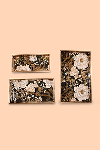 Black Wooden Printed Decorative Trays (Set of 3) by Chrysante By Gunjan Gupta