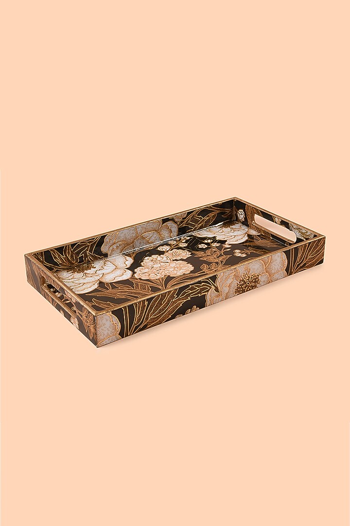 Black Wooden Printed Decorative Trays (Set of 3) by Chrysante By Gunjan Gupta at Pernia's Pop Up Shop