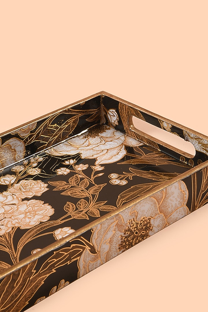 Black Wooden Printed Decorative Trays (Set of 3) by Chrysante By Gunjan Gupta at Pernia's Pop Up Shop