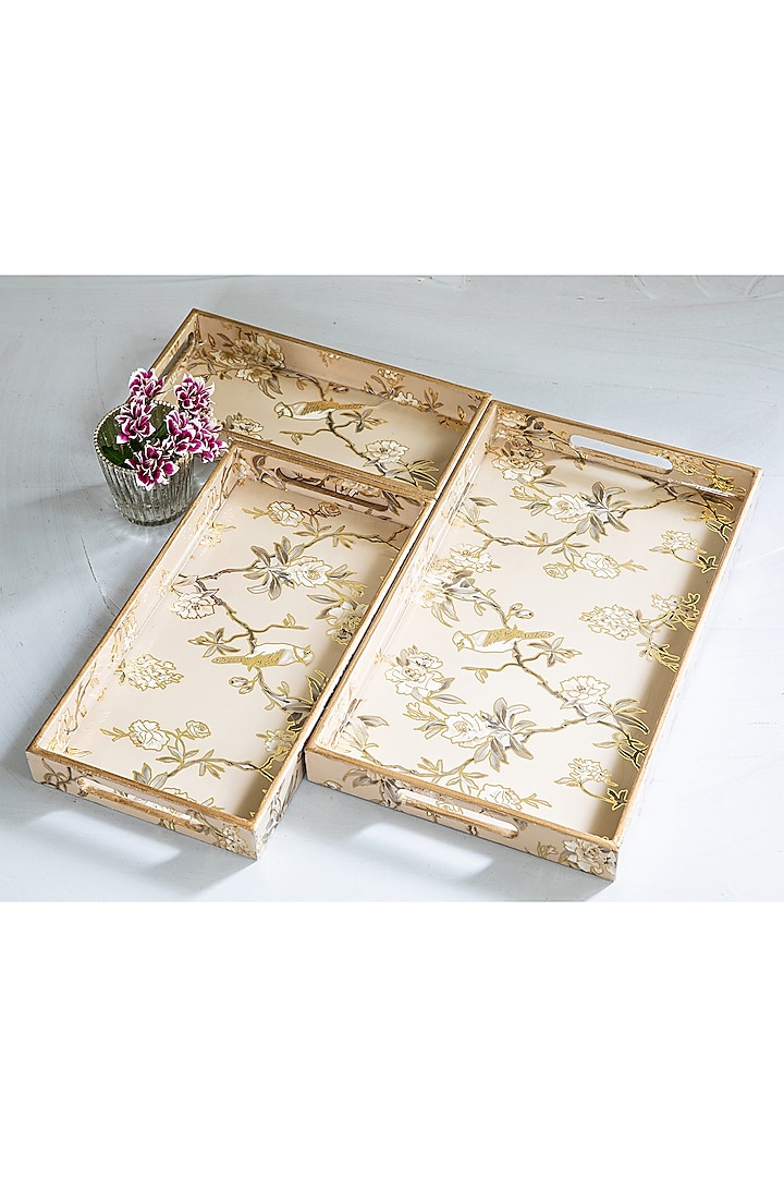 Light Peach & Gold Wooden Decorative Trays (Set of 3) by Chrysante By Gunjan Gupta at Pernia's Pop Up Shop