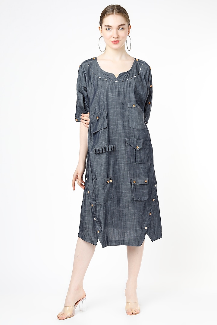 Blue Shift Dress With Cargo Pockets by Chambray & Co.