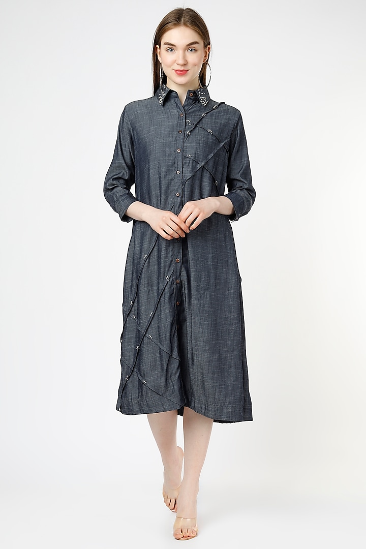 Blue Hand Embroidered Shirt Dress by Chambray & Co.