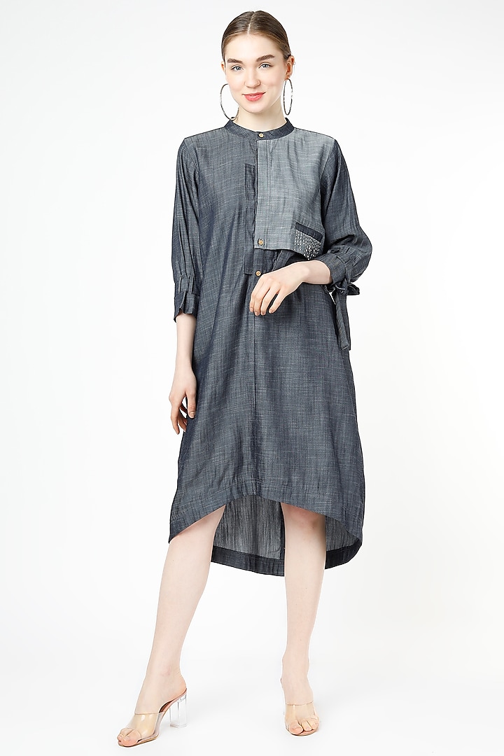 Blue Shirt Dress With Mandarin Collar by Chambray & Co. at Pernia's Pop Up Shop