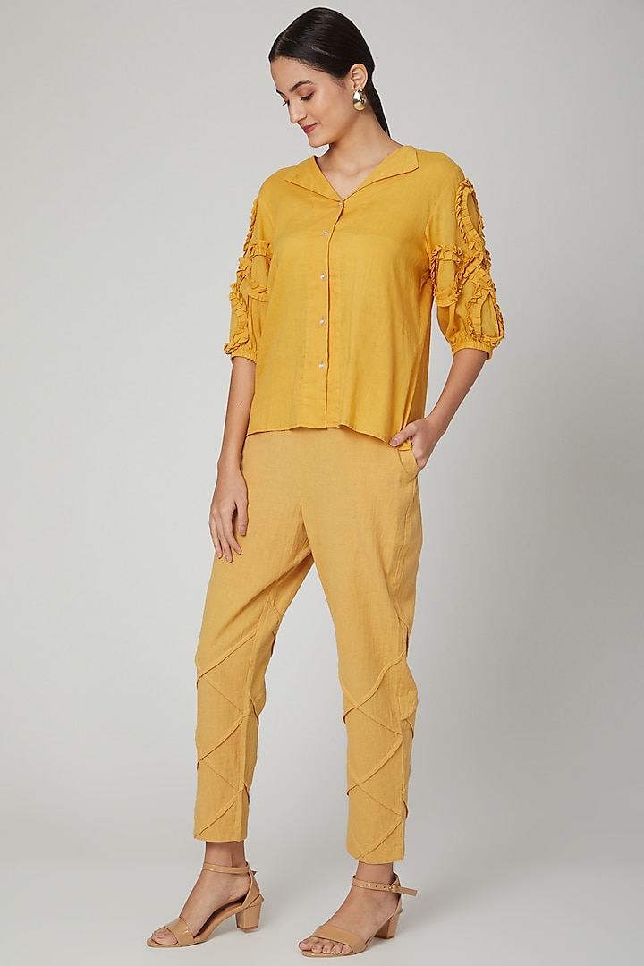 Mustard Statement Sleeves Shirt With Pants by Chambray & Co.