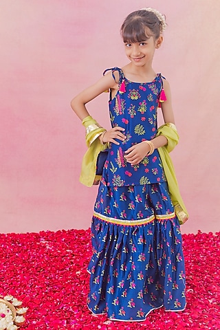 Blue Chanderi Floral Printed Sharara Set For Girls by Chotibuti