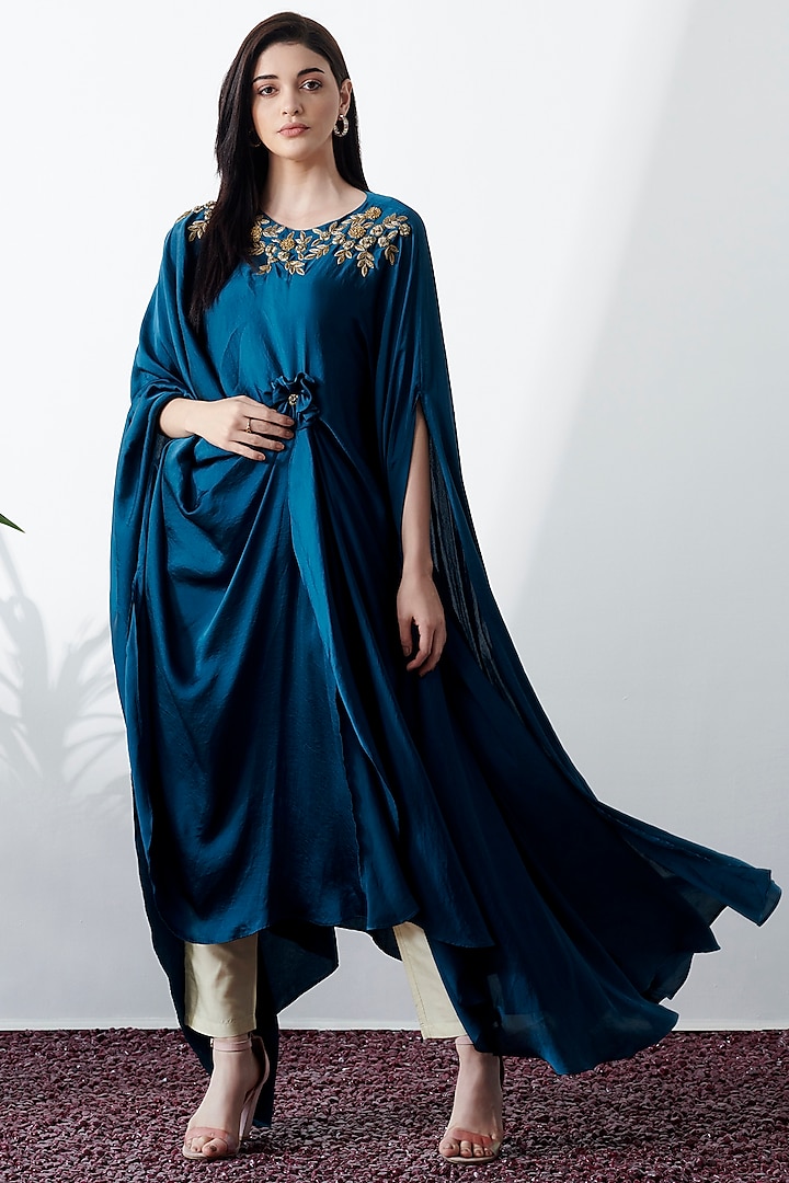Prussian Blue Embroidered Dress by Chique Clothing