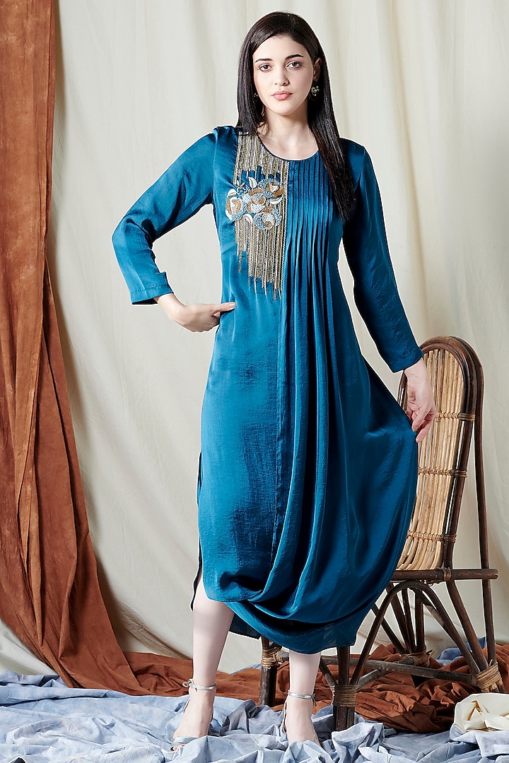 Blue Embroidered Cowl Dress by Chique Clothing