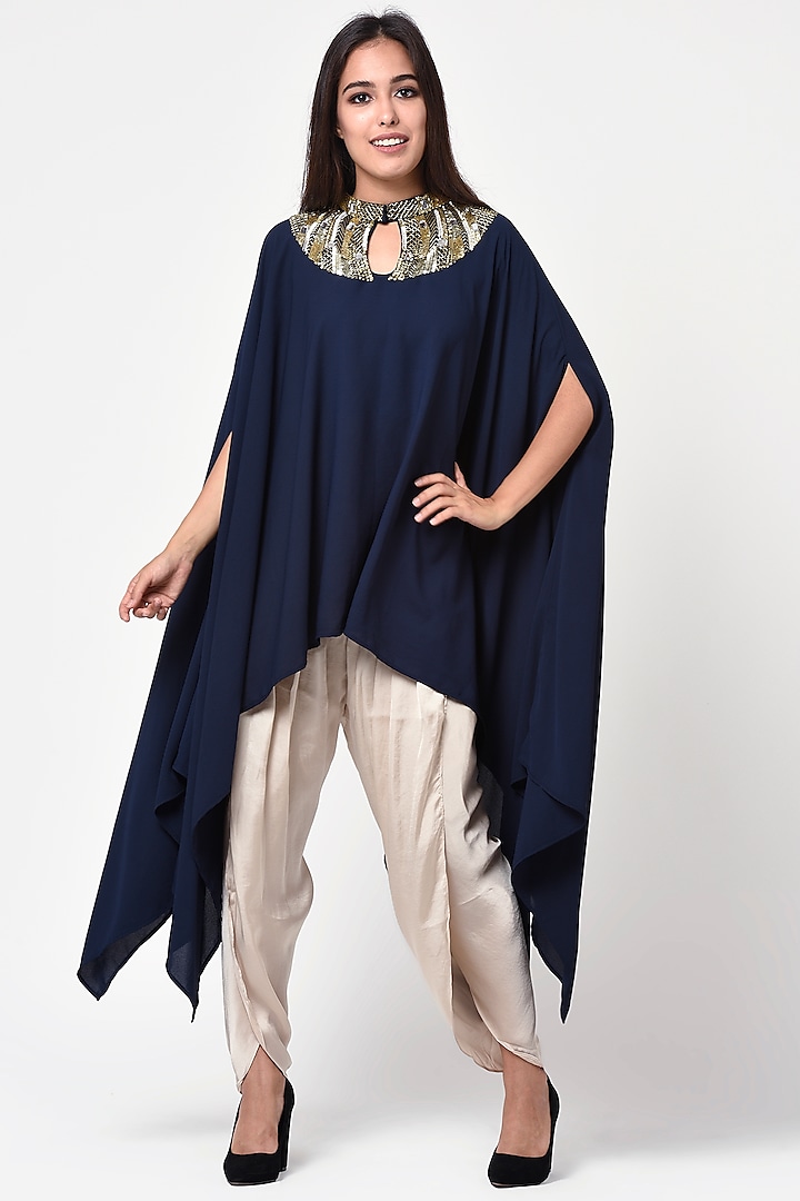Navy Embroidered Cape Top by Chique Clothing