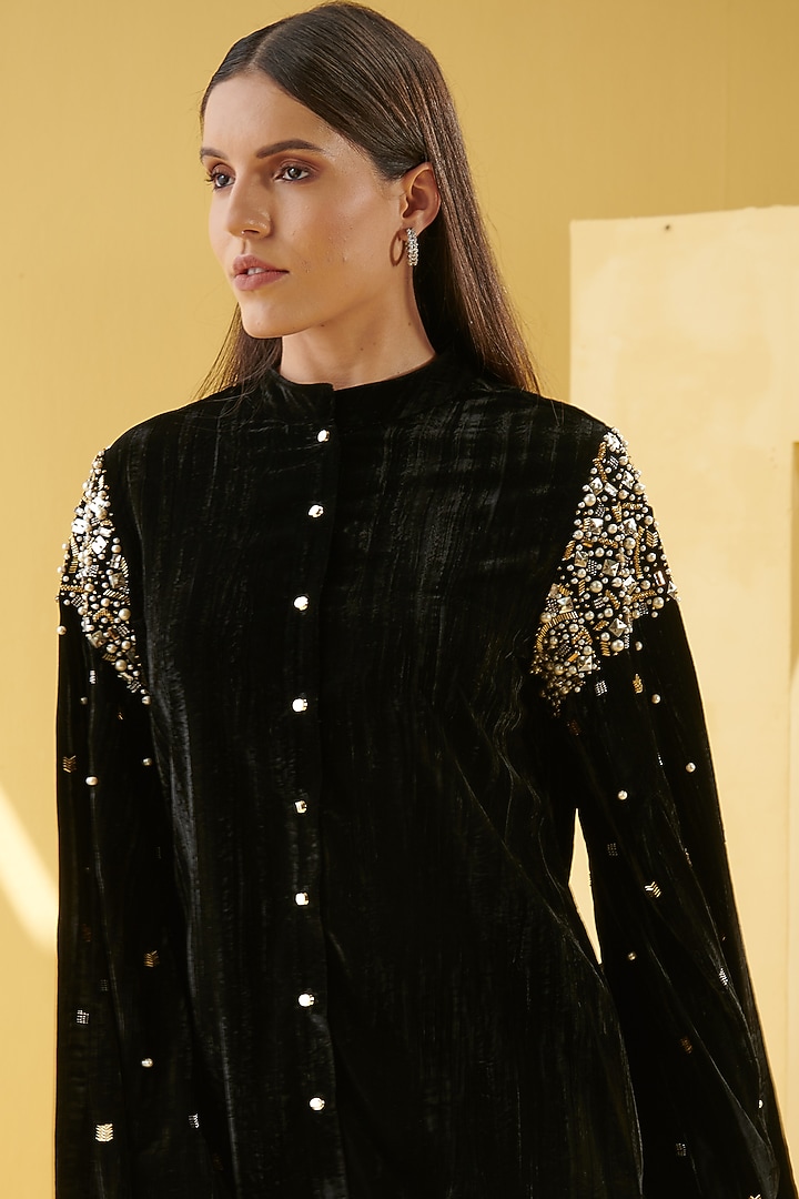 Black Beads Embroidered Shirt by Chique Clothing at Pernia's Pop Up Shop