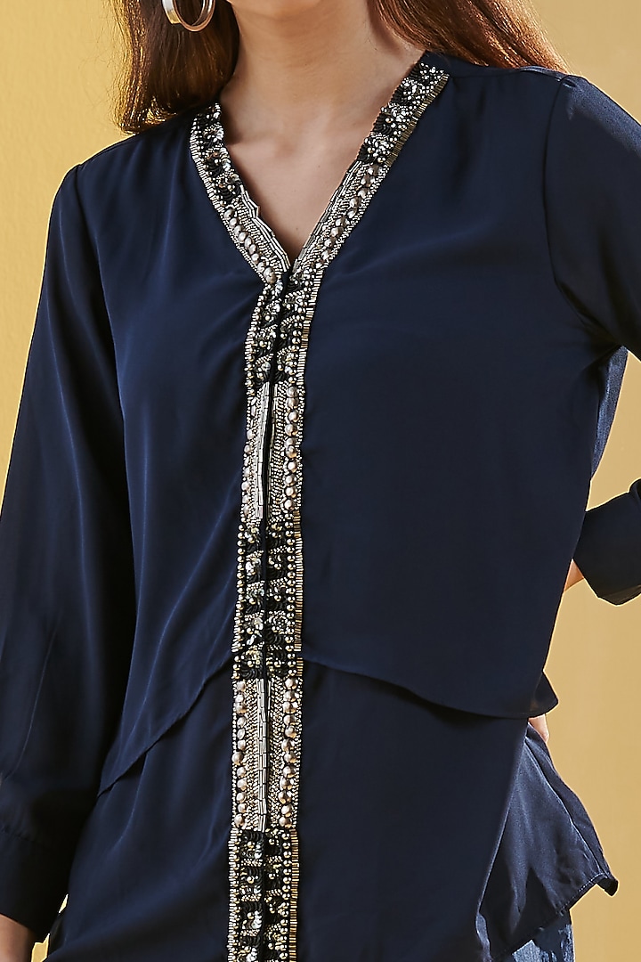 Navy Blue Beaded Shirt by Chique Clothing at Pernia's Pop Up Shop
