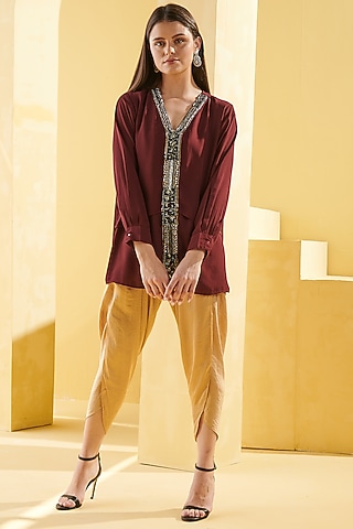 Wine Embroidered Shirt by Chique Clothing