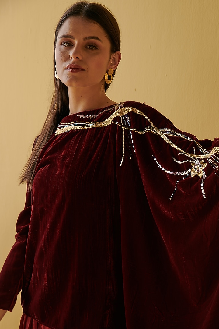 Wine Velvet Embroidered Top by Chique Clothing at Pernia's Pop Up Shop