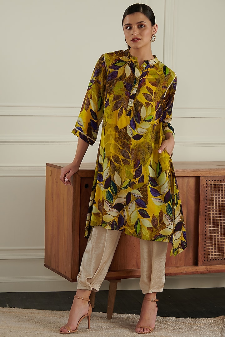 Yellow Leaf Printed Kaftan by Chique Clothing