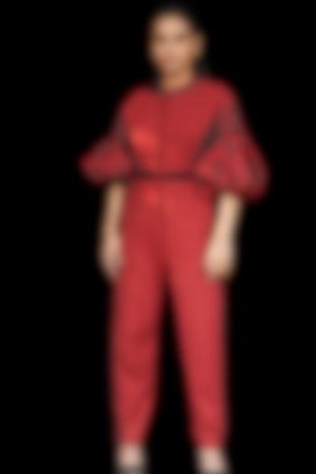 Red Embroidered Jumpsuit by Chandrima