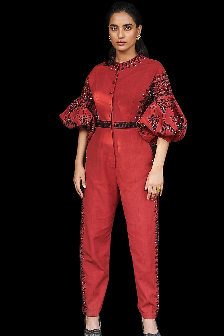 Red Embroidered Jumpsuit by Chandrima