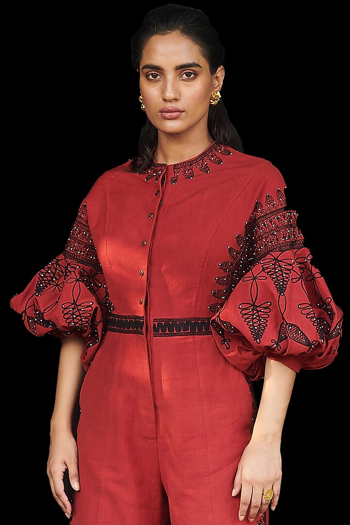 Red Embroidered Jumpsuit by Chandrima at Pernia's Pop Up Shop