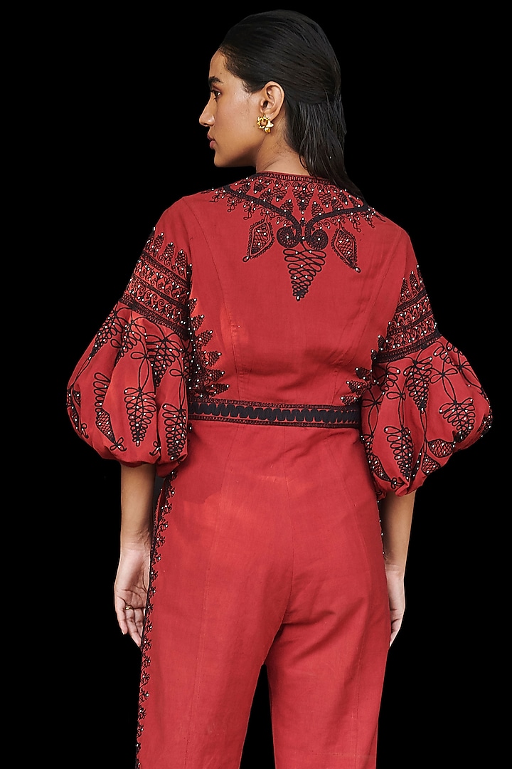 Red Embroidered Jumpsuit by Chandrima at Pernia's Pop Up Shop