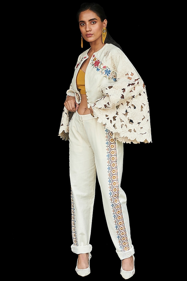 Ivory Embroidered Cotton Jacket by Chandrima at Pernia's Pop Up Shop