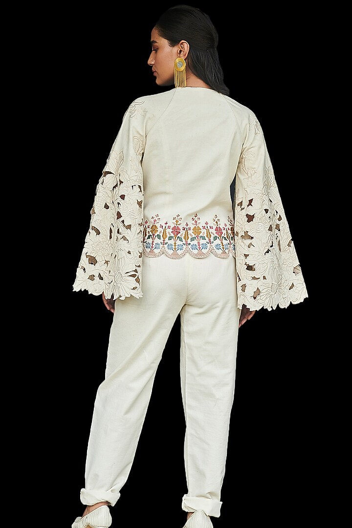 Ivory Embroidered Cotton Jacket by Chandrima at Pernia's Pop Up Shop