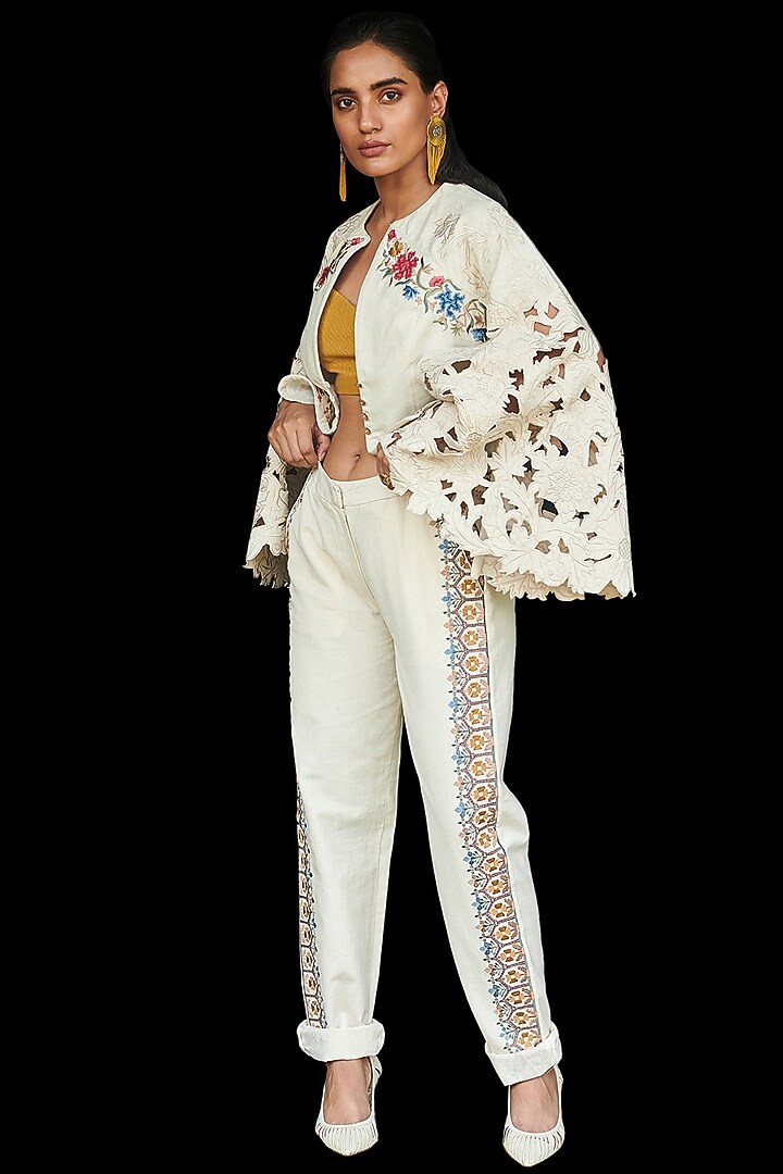 Ivory Embroidered Cotton Pants by Chandrima at Pernia's Pop Up Shop