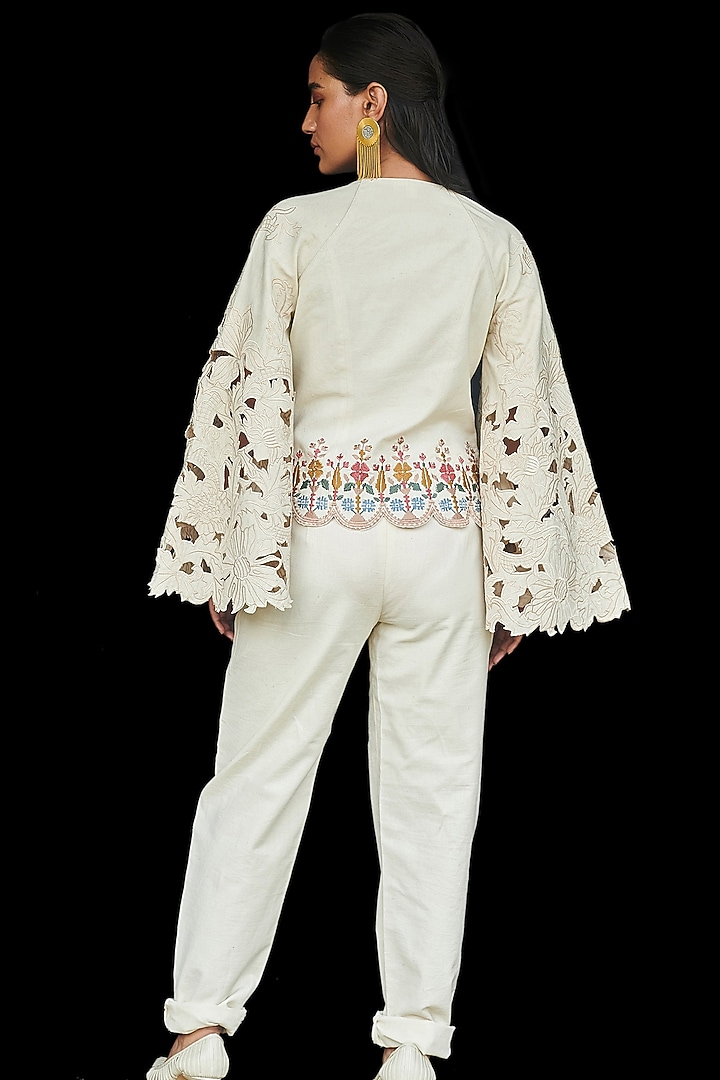 Ivory Embroidered Cotton Pants by Chandrima at Pernia's Pop Up Shop