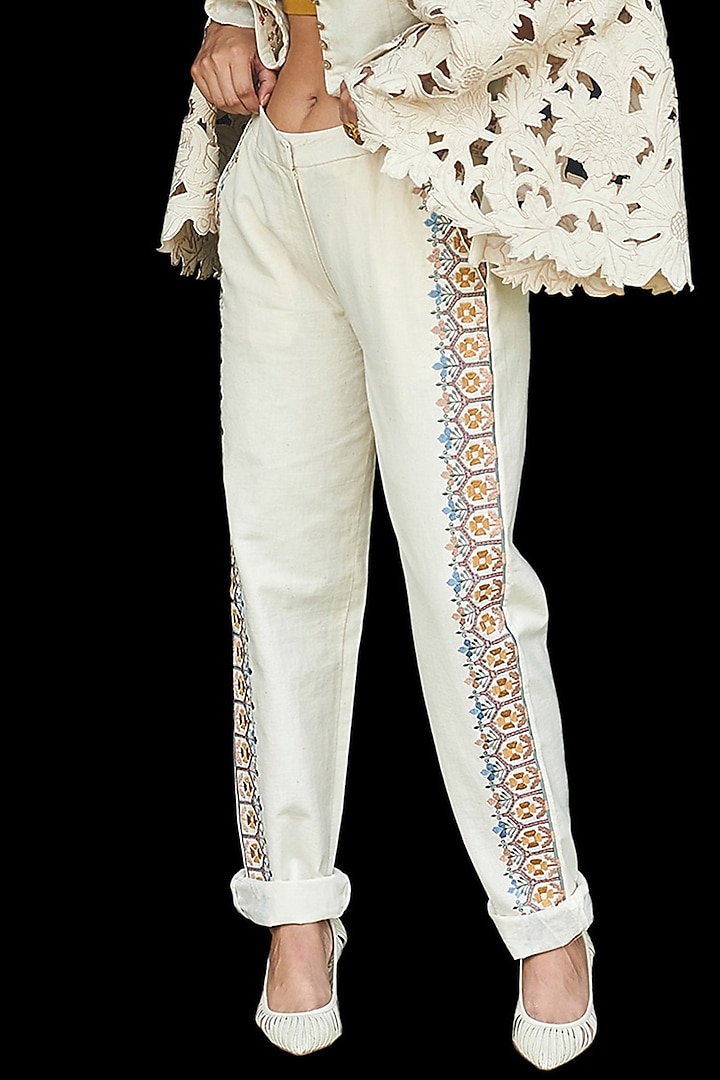 Ivory Embroidered Cotton Pants by Chandrima at Pernia's Pop Up Shop