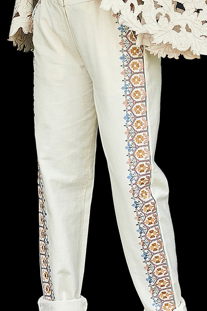 Ivory Embroidered Cotton Pants by Chandrima at Pernia's Pop Up Shop